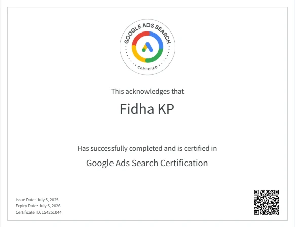 google ads search certificate of freelance digital marketing strategist in malappuram